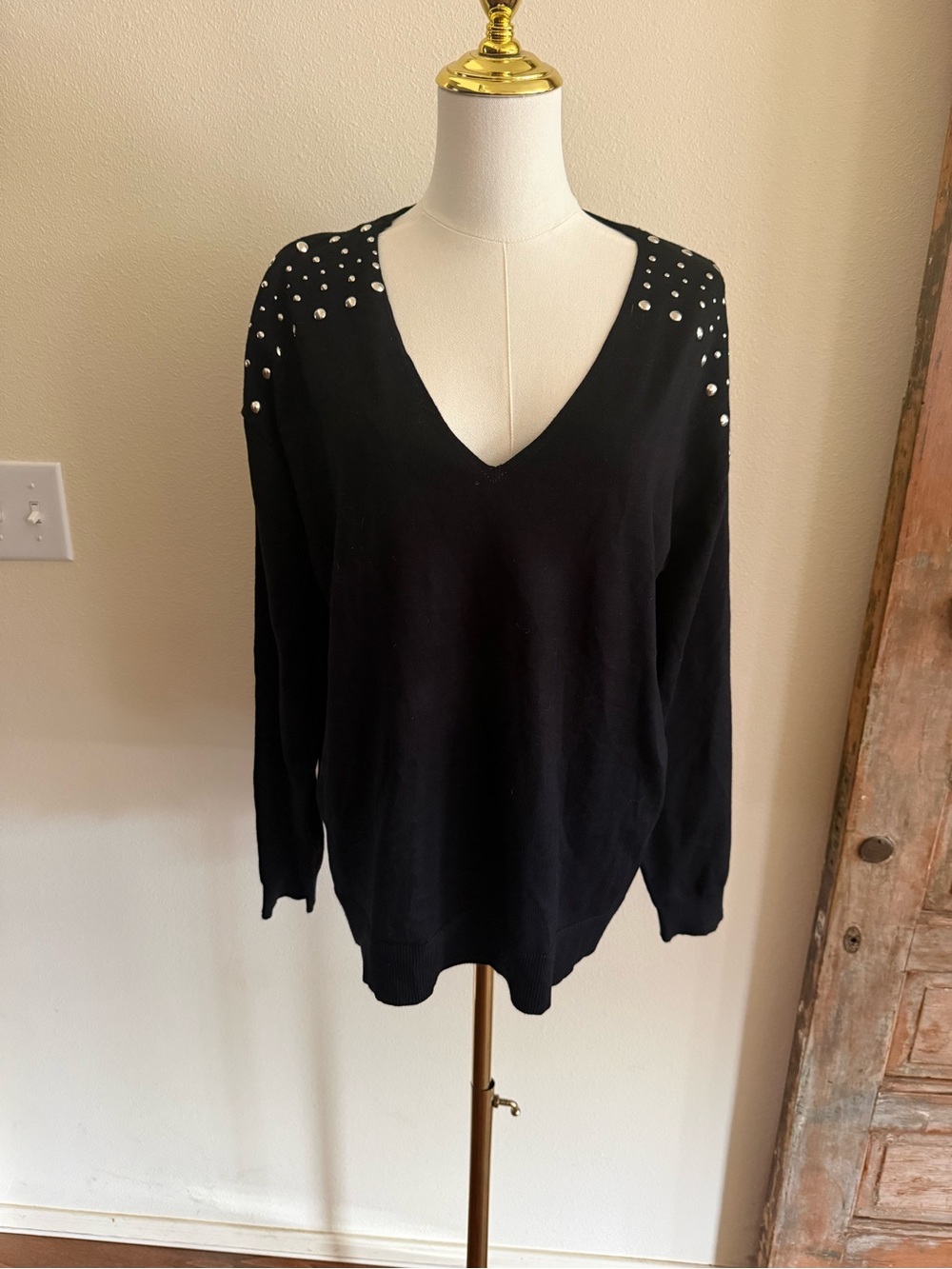 INC International Concepts Black V-Neck Sweater with Silver Studs